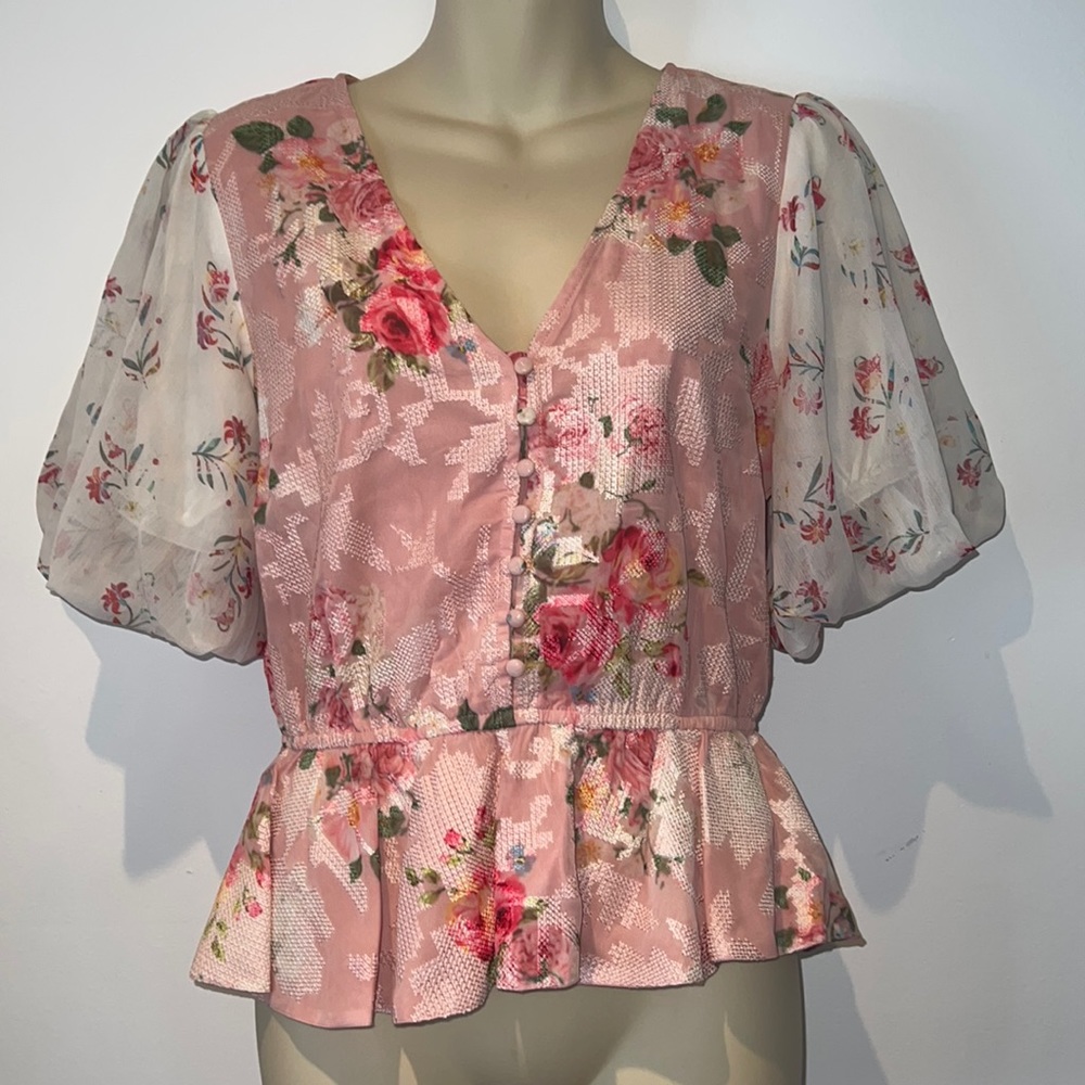 Hemant & Nandita Blouse Pink Rose Garden V-Neck Sheer Sleeves Button Front Sz S